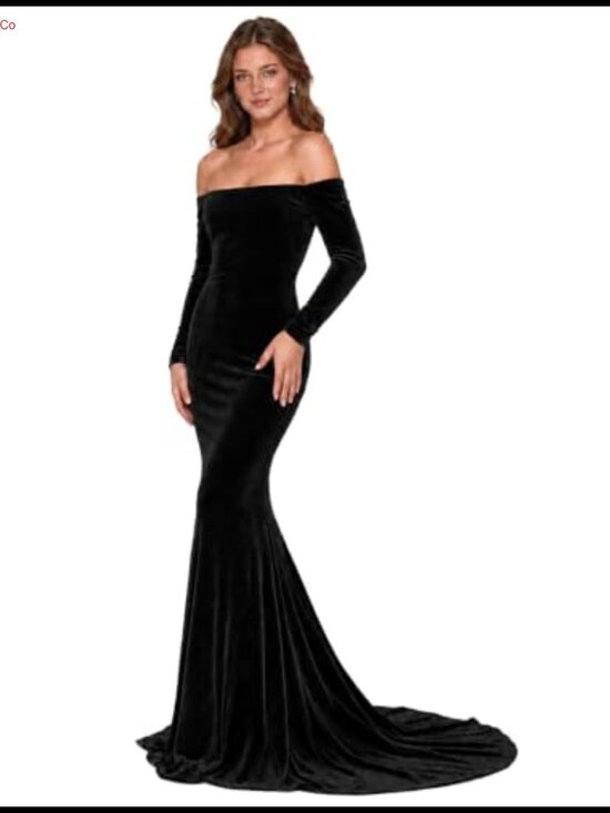 Dresses & Skirts - Velvet Off Shoulder Long Sleeve Mermaid Formal Evening Gown Sweeping Train
